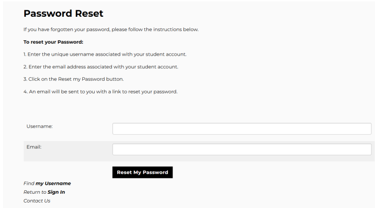 The Password Reset page