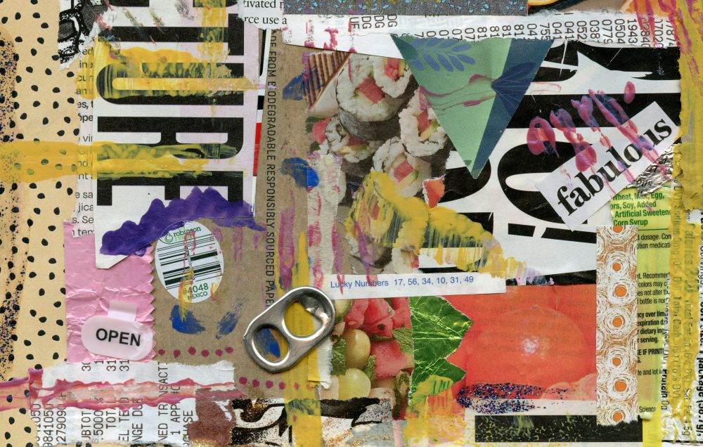 Mixed media collage using paint, magazine clippings, can pull tabs, and marker on paper.