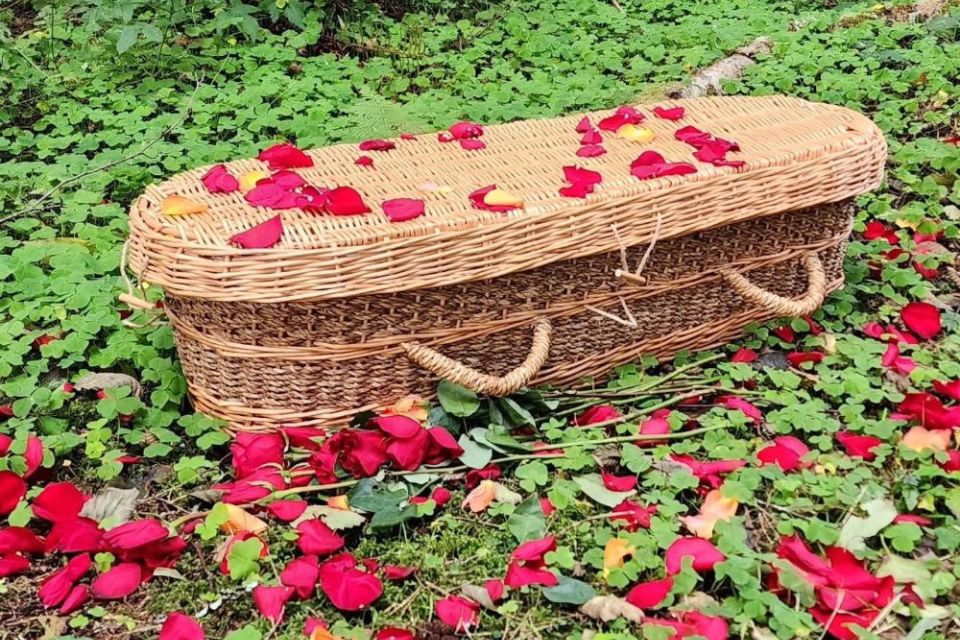 Wicker casket in a meadow of green leaves and red flowers