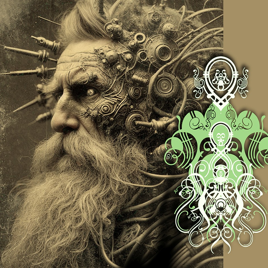 Collaged image of an old man with cogs and tubes coming from his head in sepia-tone, overlaid with an illustrated symbol in green and white.