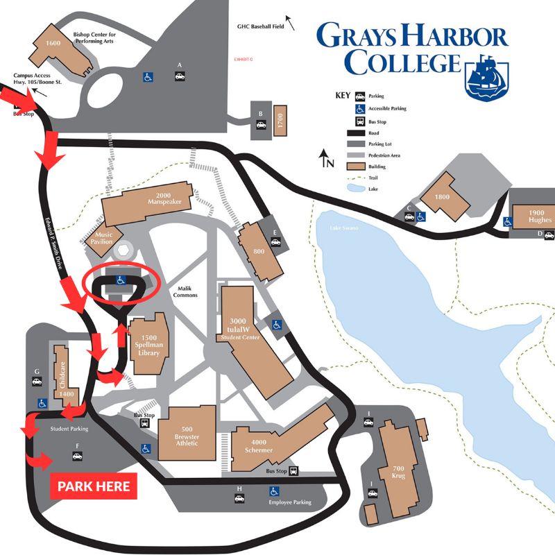Map of the Aberdeen campus of Grays Harbor College with arrows indicating driving directions to Lot F and the Accessibility Lot.